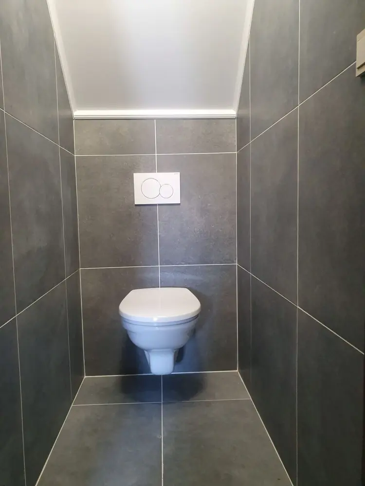Hangtoilet in een donker betegeld toilet