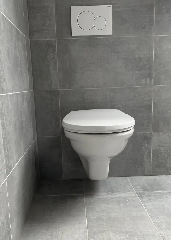 Hangtoilet met bedieningsplaat in grijze tegels